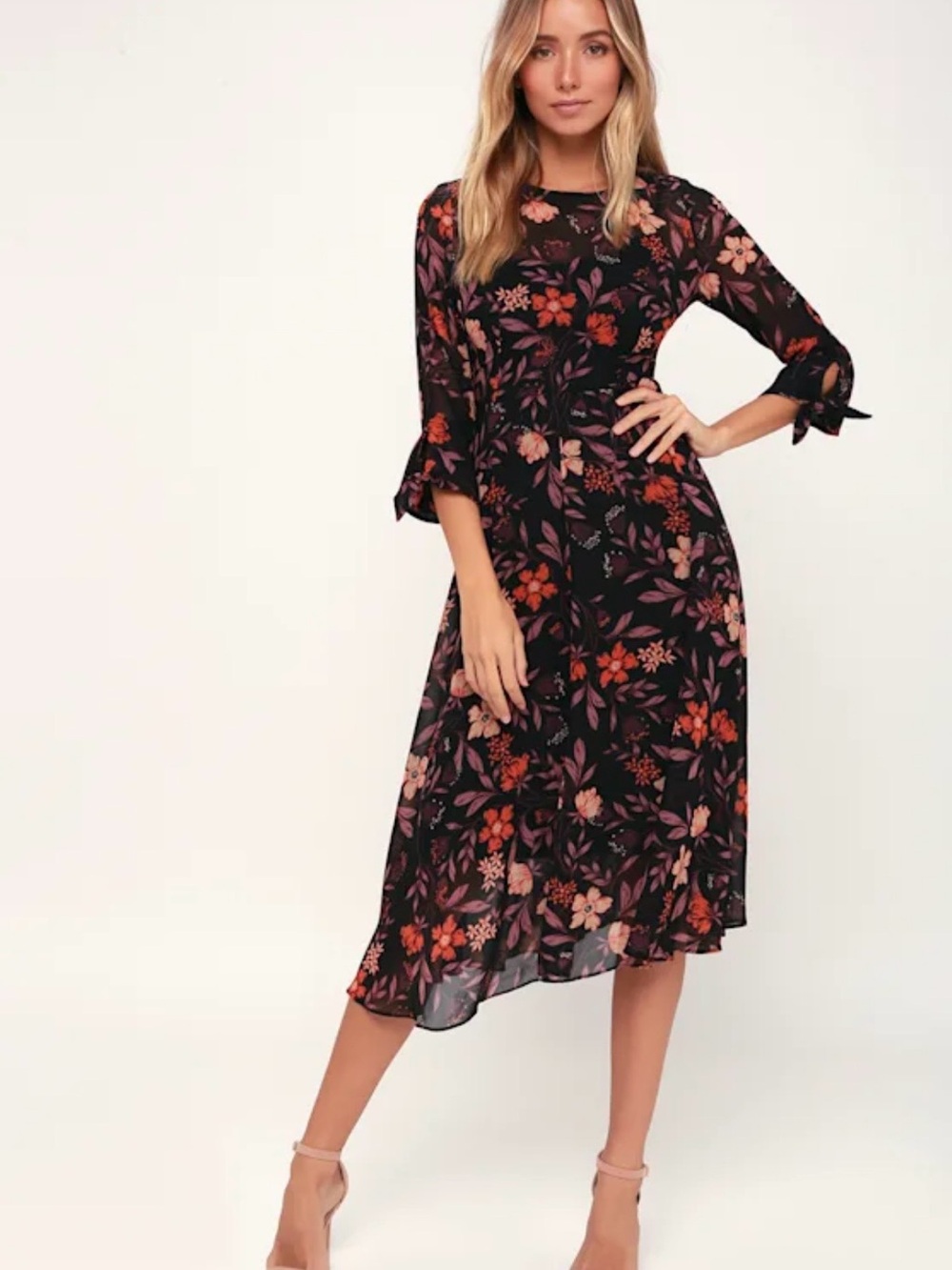 Madeline Black Floral Midi Dress with Pink & Orange Blooms